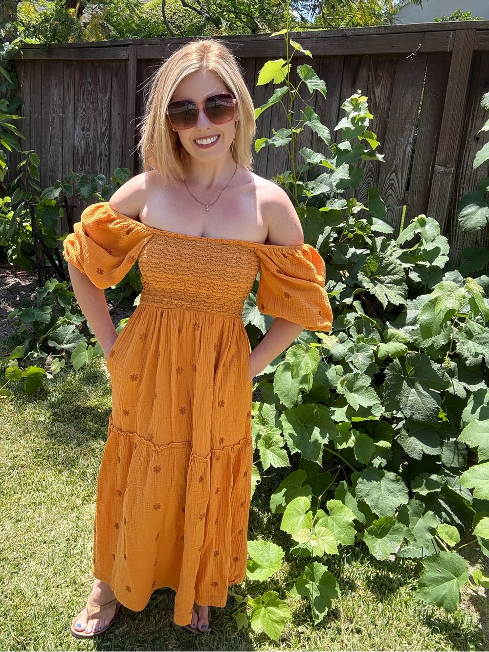 Mustard Smocked Off Shoulder Embroidered Maxi Dress with Pockets Size S